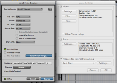 Réglages Bounce to Quicktime...